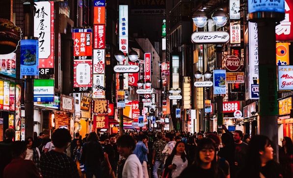 Neon-lit street in Tokyo at night